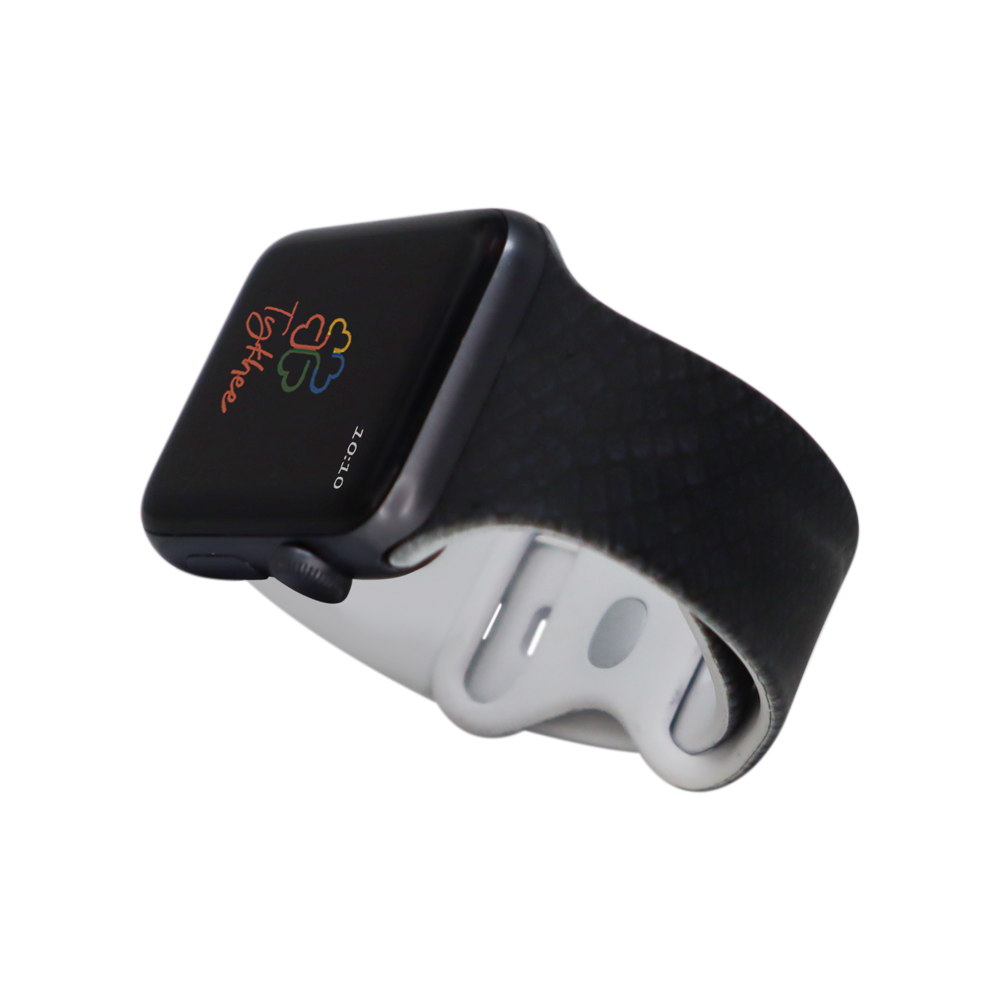 Personalized geometric design silicone bands for Apple Watch in various colors and sizes, showcasing adjustable features and unique patterns.