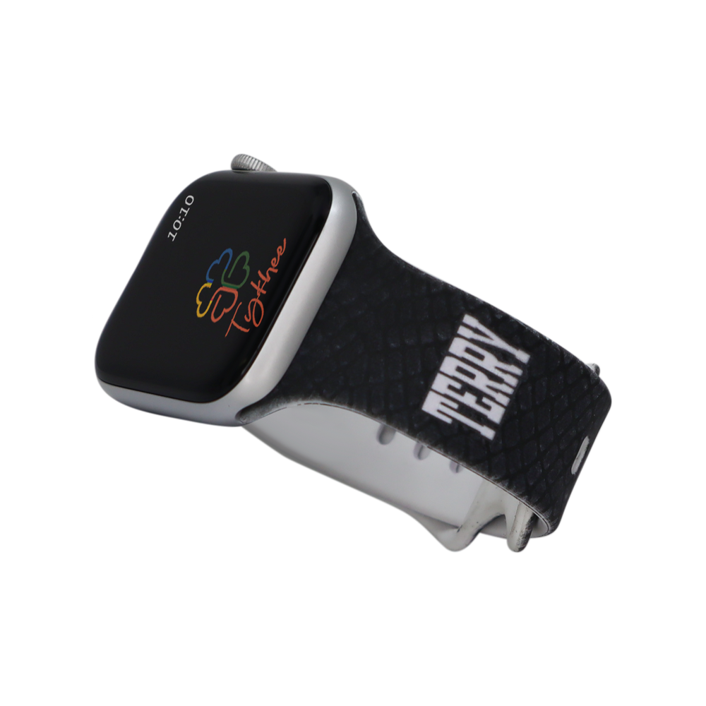 Personalized geometric design silicone bands for Apple Watch in various colors and sizes, showcasing adjustable features and unique patterns.