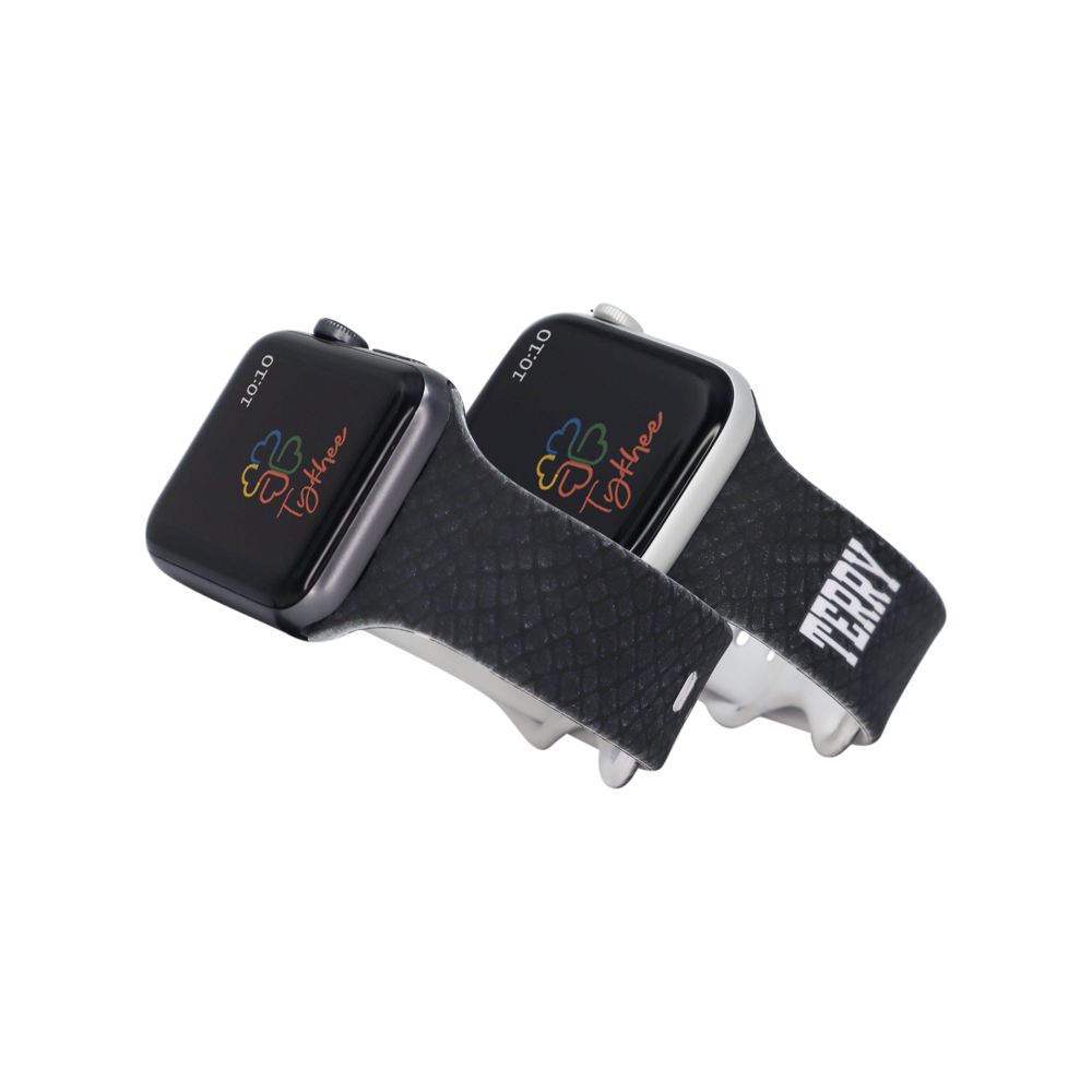 Personalized geometric design silicone bands for Apple Watch in various colors and sizes, showcasing adjustable features and unique patterns.