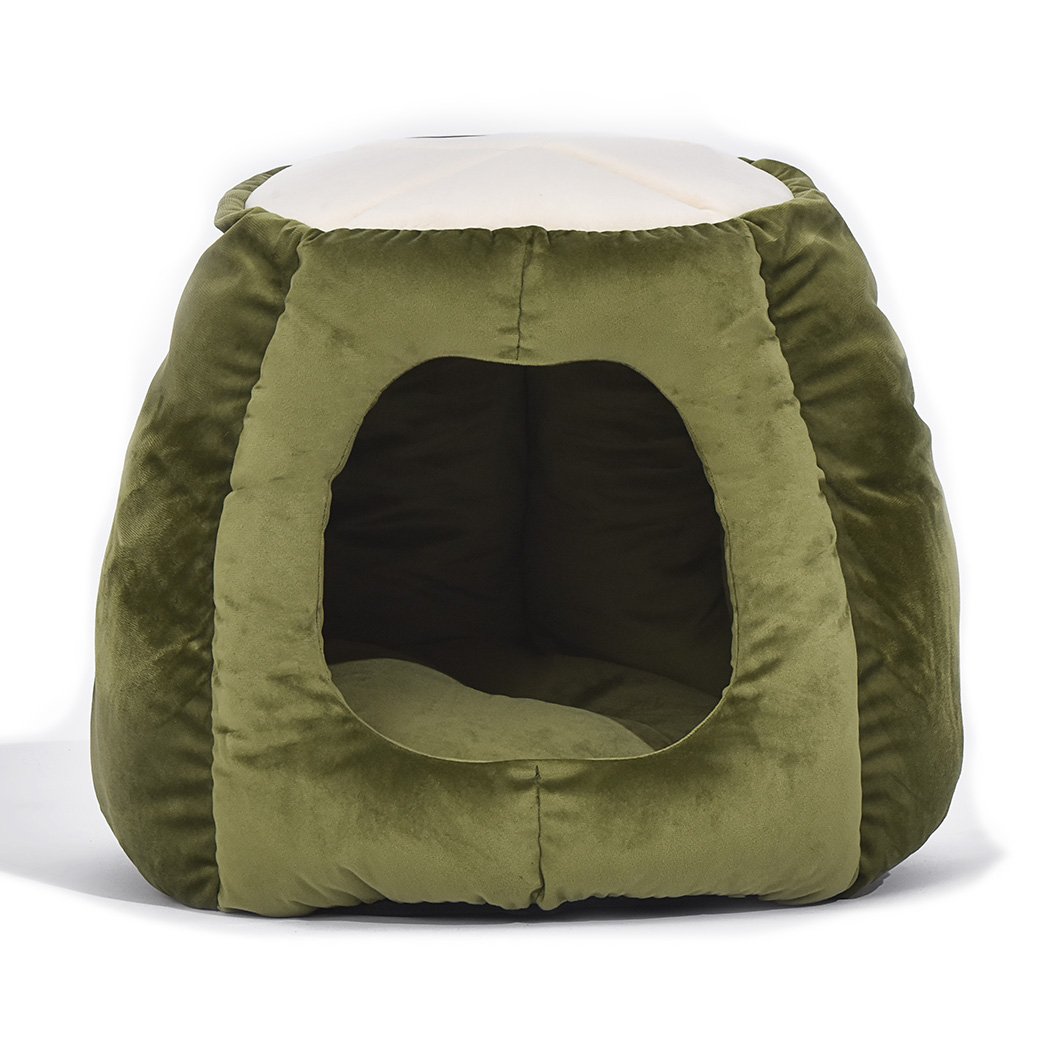 Cozy green pet bed designed as a cave and donut shape for cats, made from soft flannel material, perfect for winter comfort.