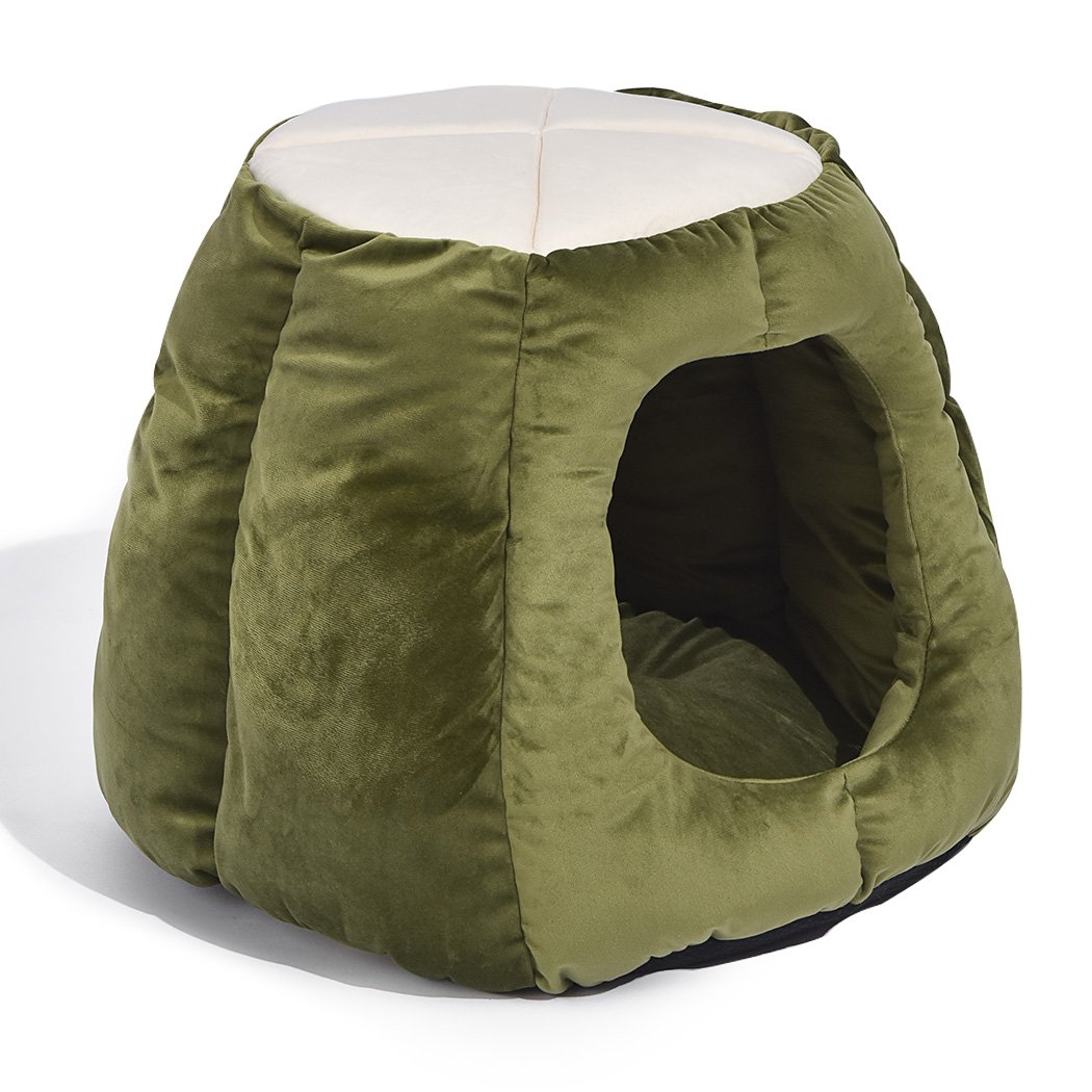 Cozy green pet bed designed as a cave and donut shape for cats, made from soft flannel material, perfect for winter comfort.