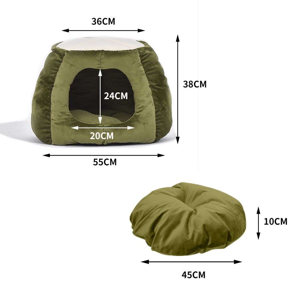 Cozy green pet bed designed as a cave and donut shape for cats, made from soft flannel material, perfect for winter comfort.
