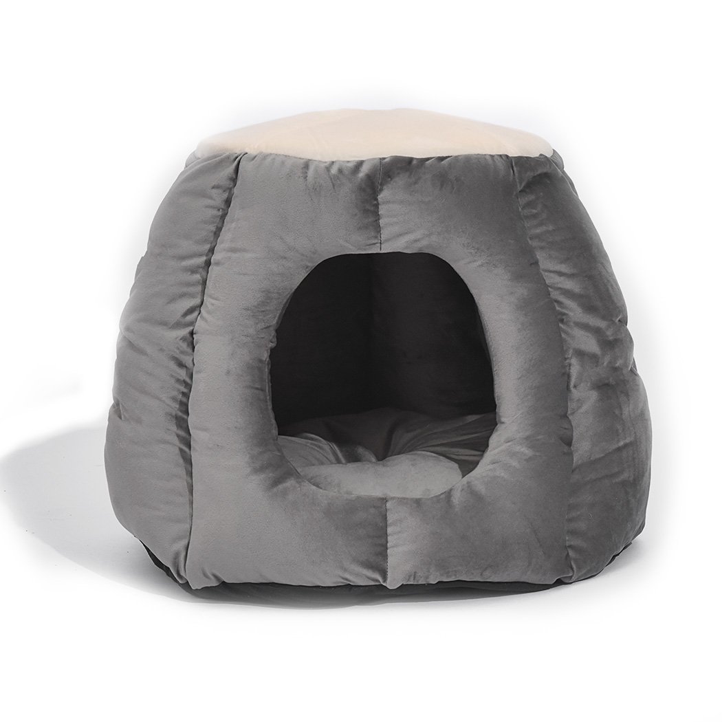 A cozy grey pet bed designed as a cat cave, featuring soft flannel material and a removable cushion, perfect for winter comfort.