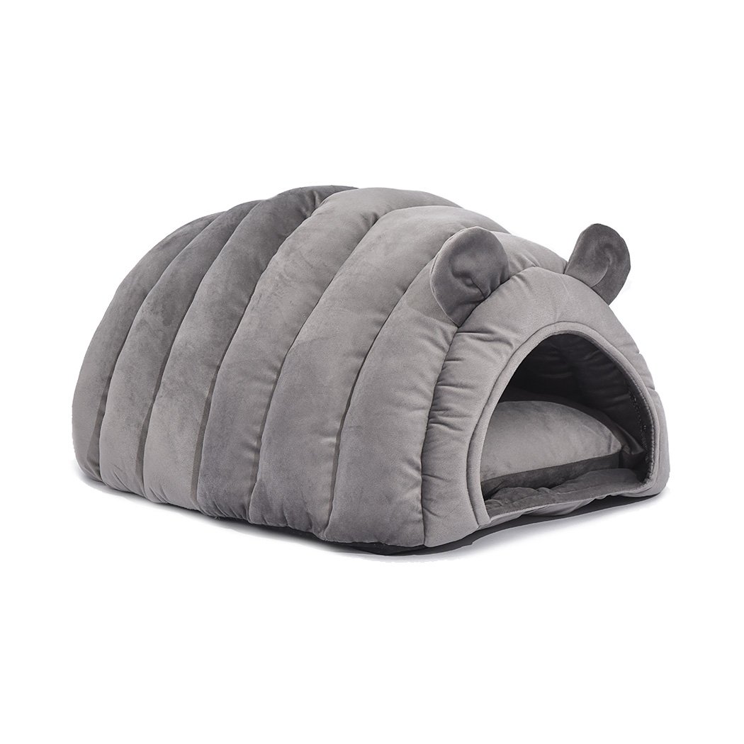 Cozy grey pet bed with adorable ears, designed for cats and small dogs, featuring a cocoon shape for warmth and comfort.