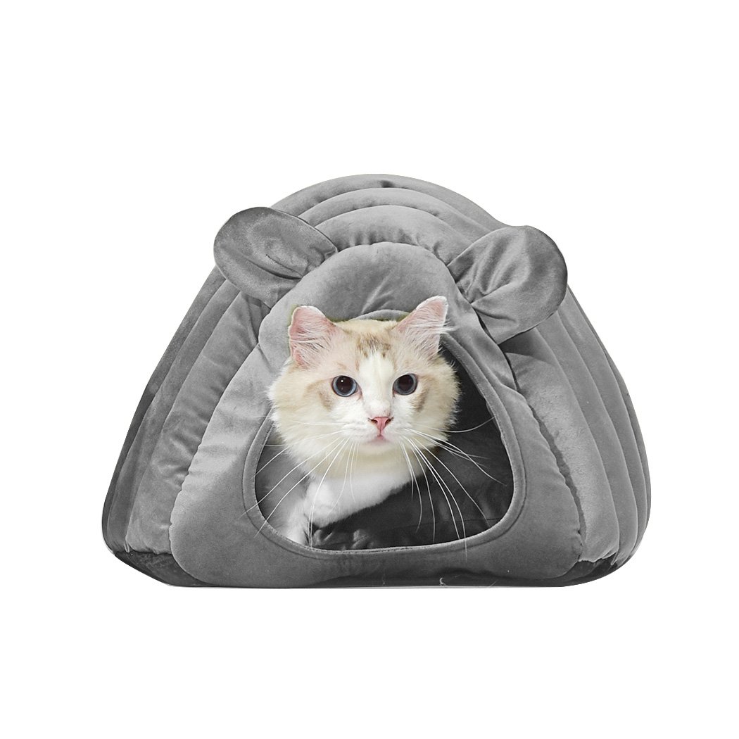 Cozy grey pet bed with adorable ears, designed for cats and small dogs, featuring a cocoon shape for warmth and comfort.