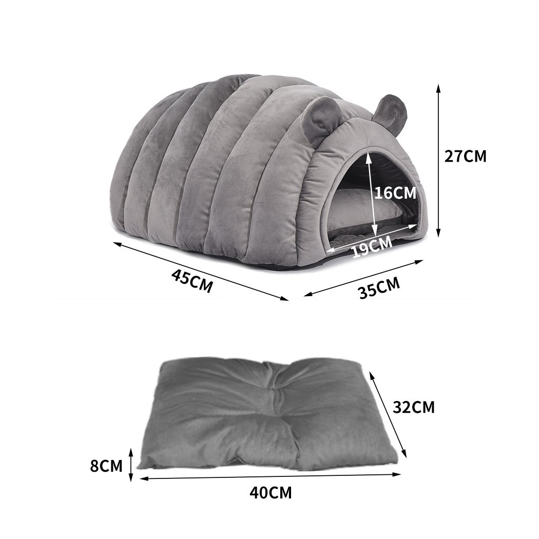 Cozy grey pet bed with adorable ears, designed for cats and small dogs, featuring a cocoon shape for warmth and comfort.