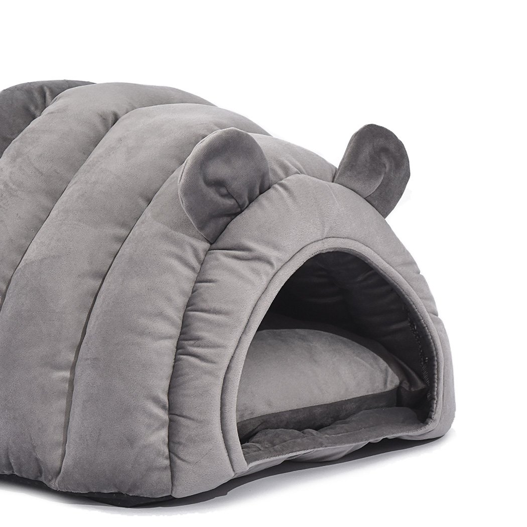 Cozy grey pet bed with adorable ears, designed for cats and small dogs, featuring a cocoon shape for warmth and comfort.