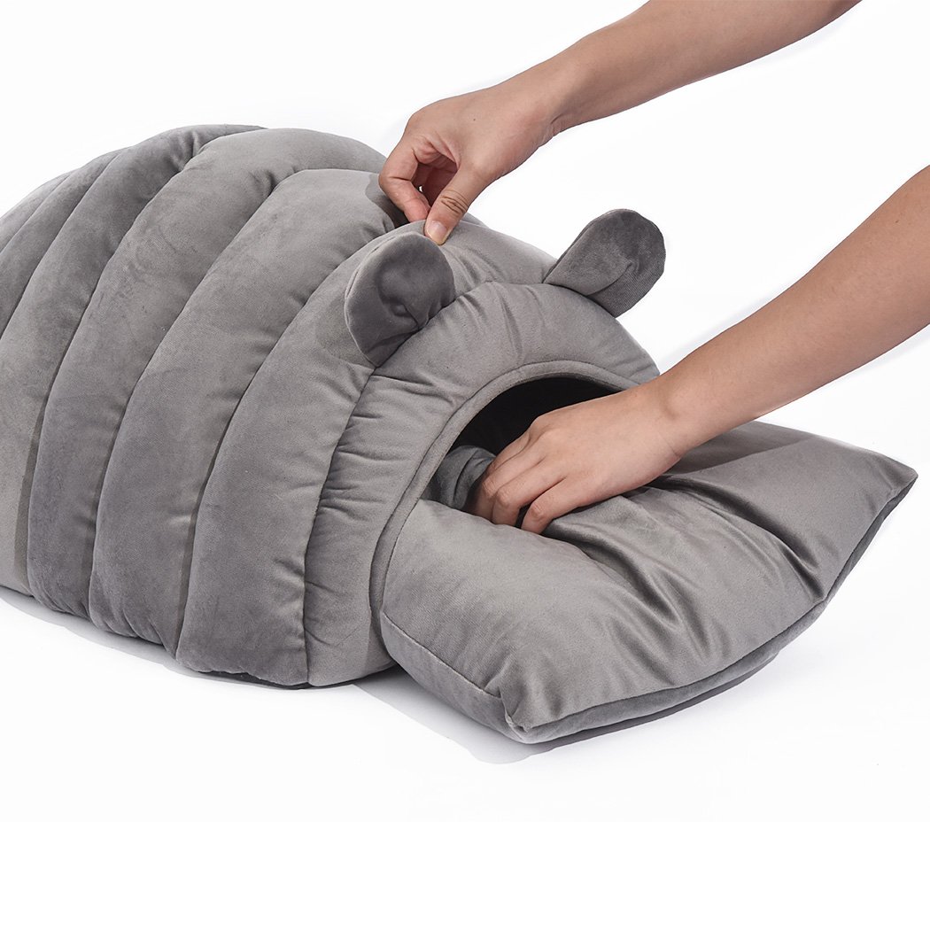 Cozy grey pet bed with adorable ears, designed for cats and small dogs, featuring a cocoon shape for warmth and comfort.