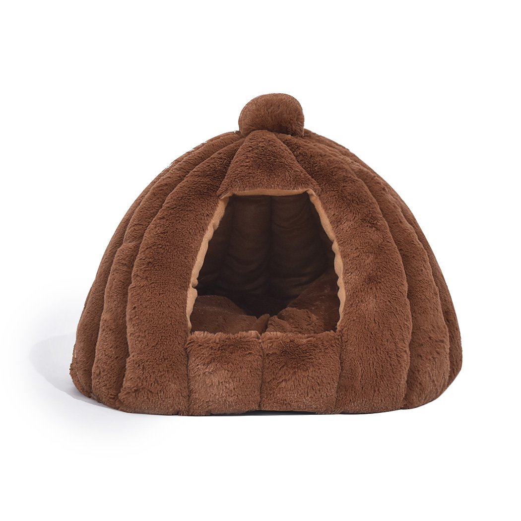 Cozy brown pet bed in pumpkin house design, perfect for cats and dogs, made from soft flannel material.