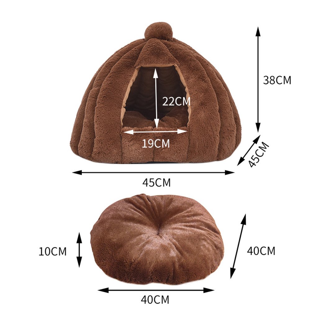 Cozy brown pet bed in pumpkin house design, perfect for cats and dogs, made from soft flannel material.