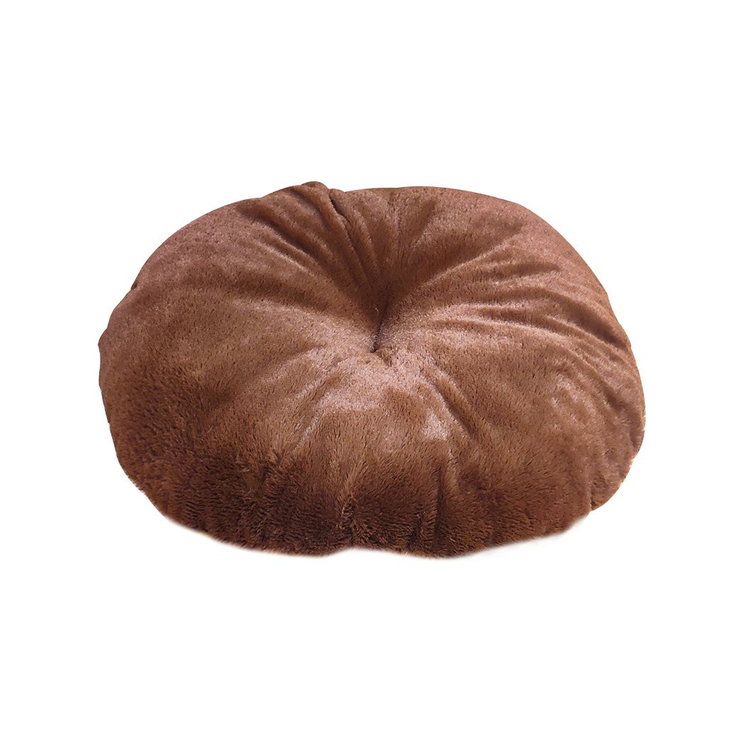 Cozy brown pet bed in pumpkin house design, perfect for cats and dogs, made from soft flannel material.