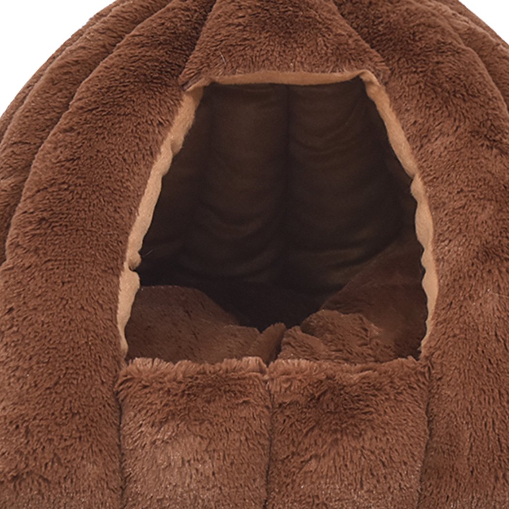 Cozy brown pet bed in pumpkin house design, perfect for cats and dogs, made from soft flannel material.