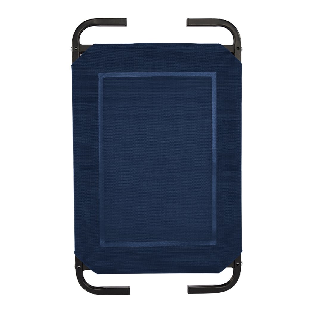 Navy blue elevated pet bed.