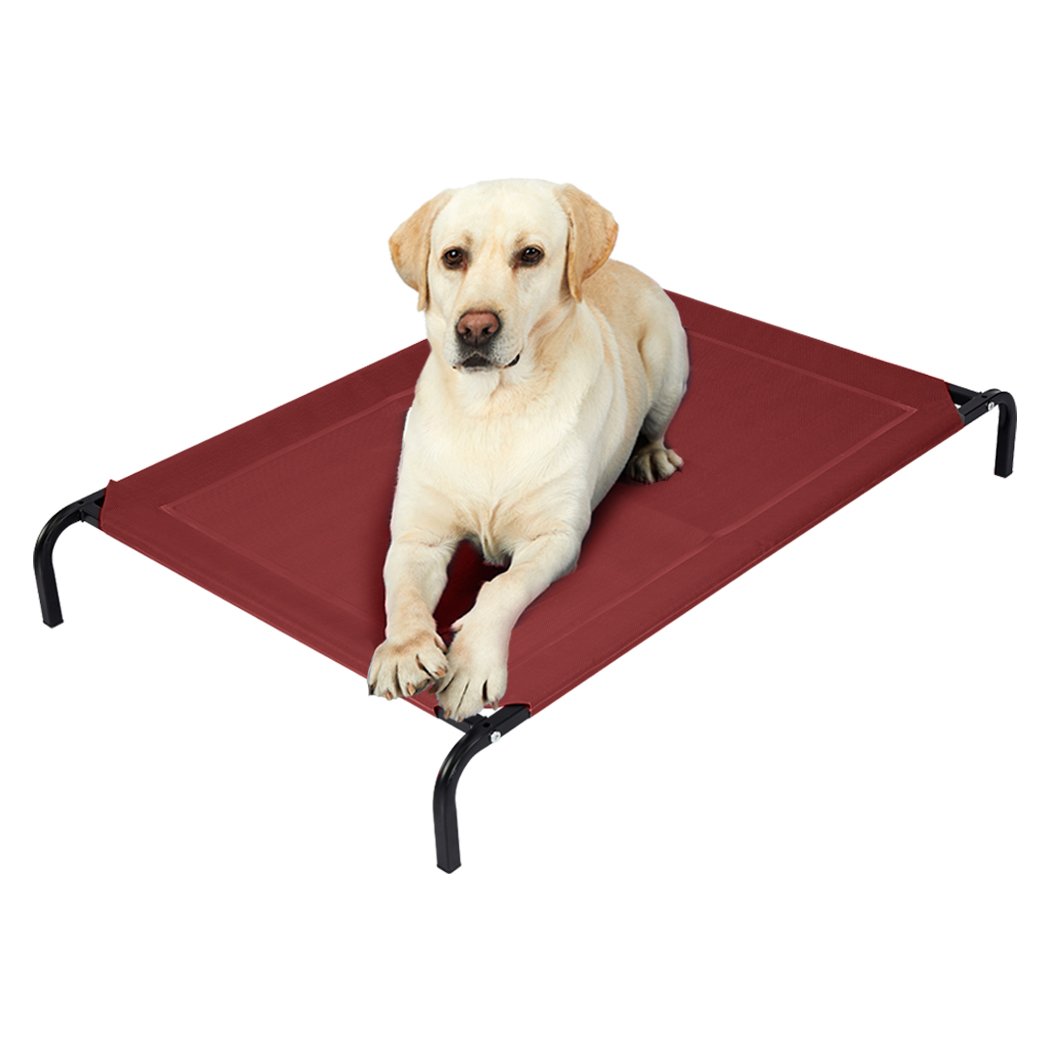 Red pet trampoline bed made of Teslin mesh and steel, designed for comfort and support for dogs.
