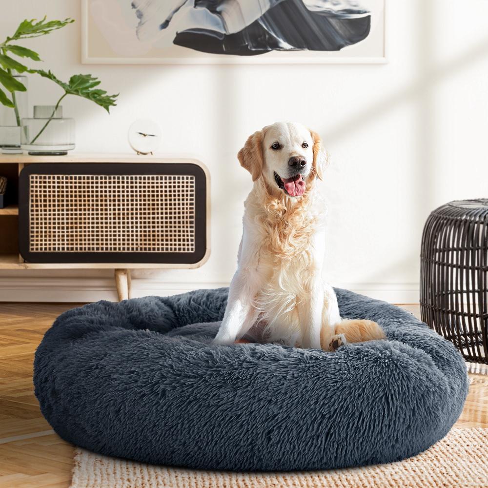 Large dark grey pet bed for dogs and cats, featuring a soft and durable design with a non-slip base and removable cover.