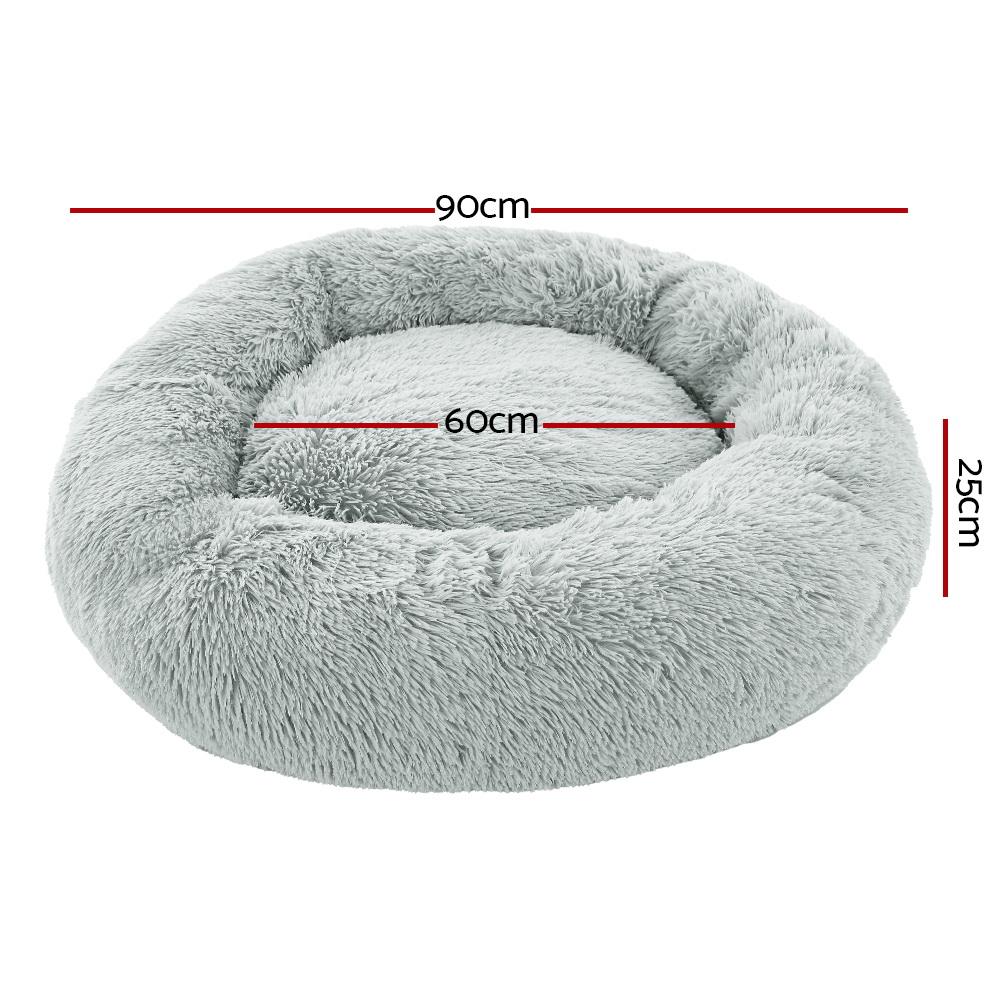 Large light grey pet bed for dogs and cats, featuring a soft surface, non-slip base, and removable washable cover.