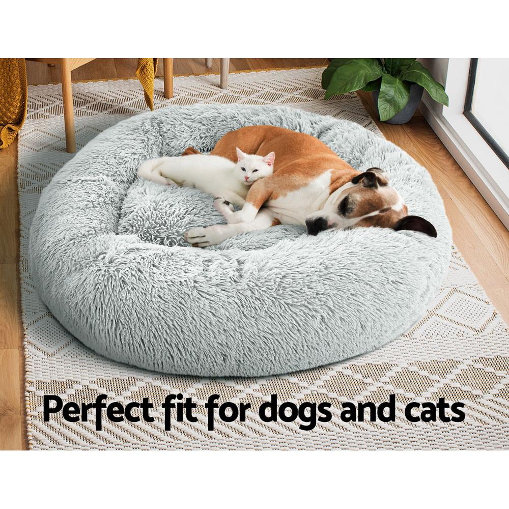 Large light grey pet bed for dogs and cats, featuring a soft surface, non-slip base, and removable washable cover.