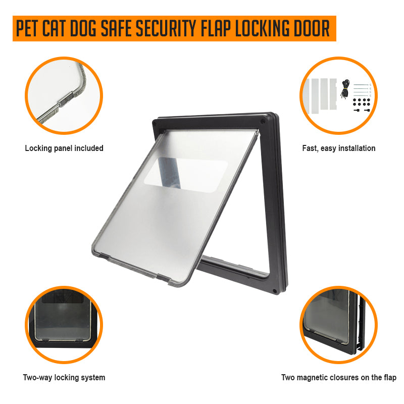 Pet Cat Dog Safe Security Flap Locking Door in black, featuring a two-way locking system and magnetic closure for easy pet access.
