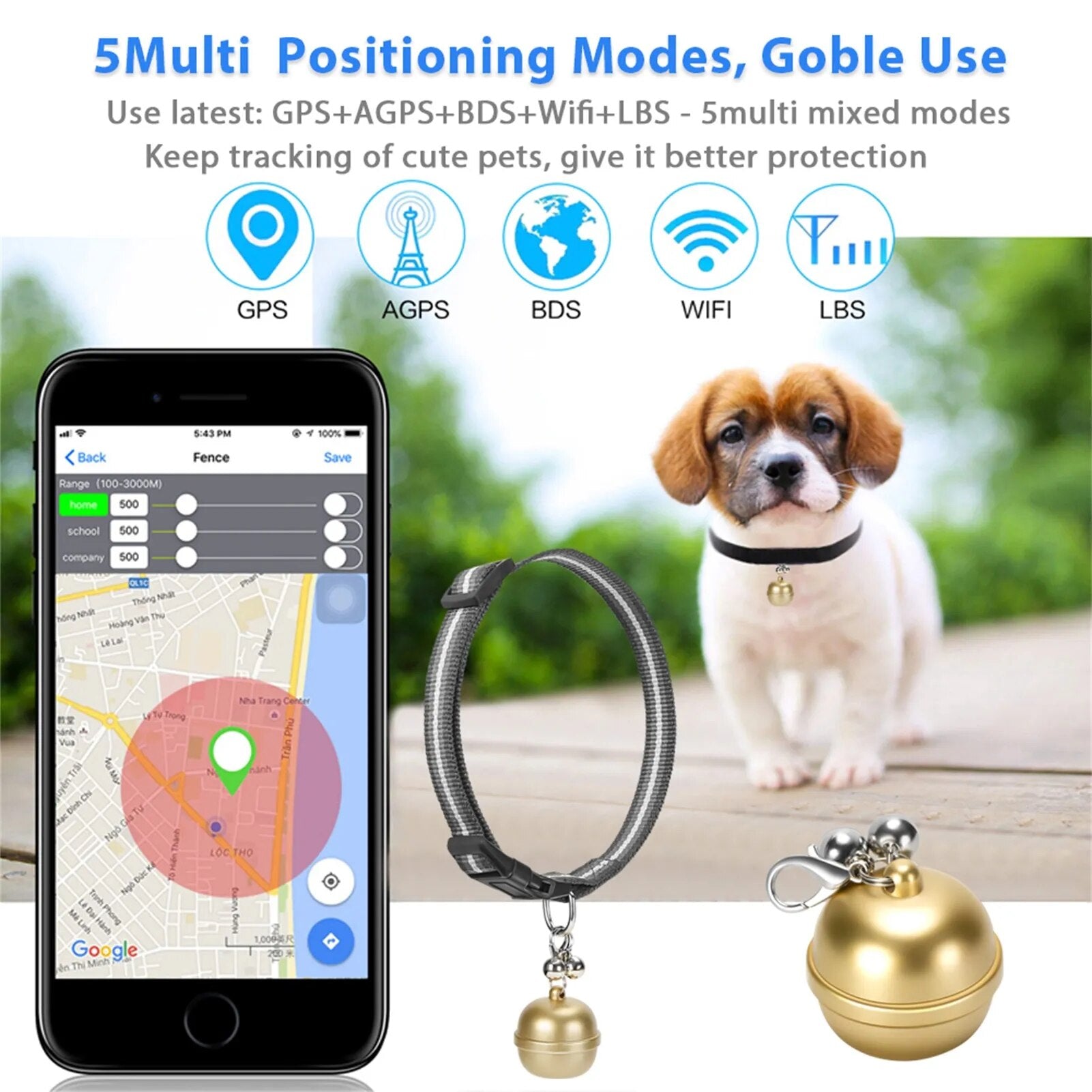 Pet Dog GPS Tracker Locator Bell in gold color, showcasing its compact design and waterproof features.