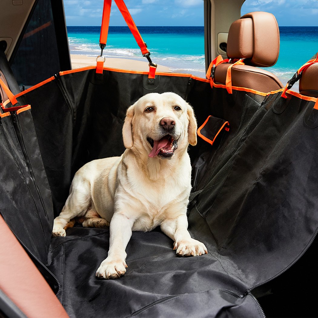 Premium waterproof pet seat cover designed for dogs and cats, featuring a non-slip bottom and a mesh screen for visibility.