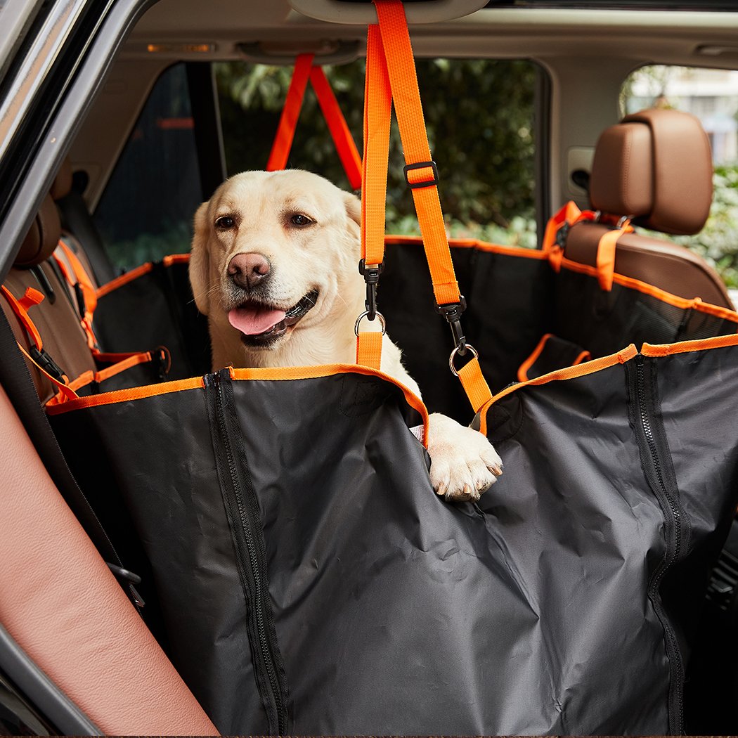 Premium waterproof pet seat cover designed for dogs and cats, featuring a non-slip bottom and a mesh screen for visibility.