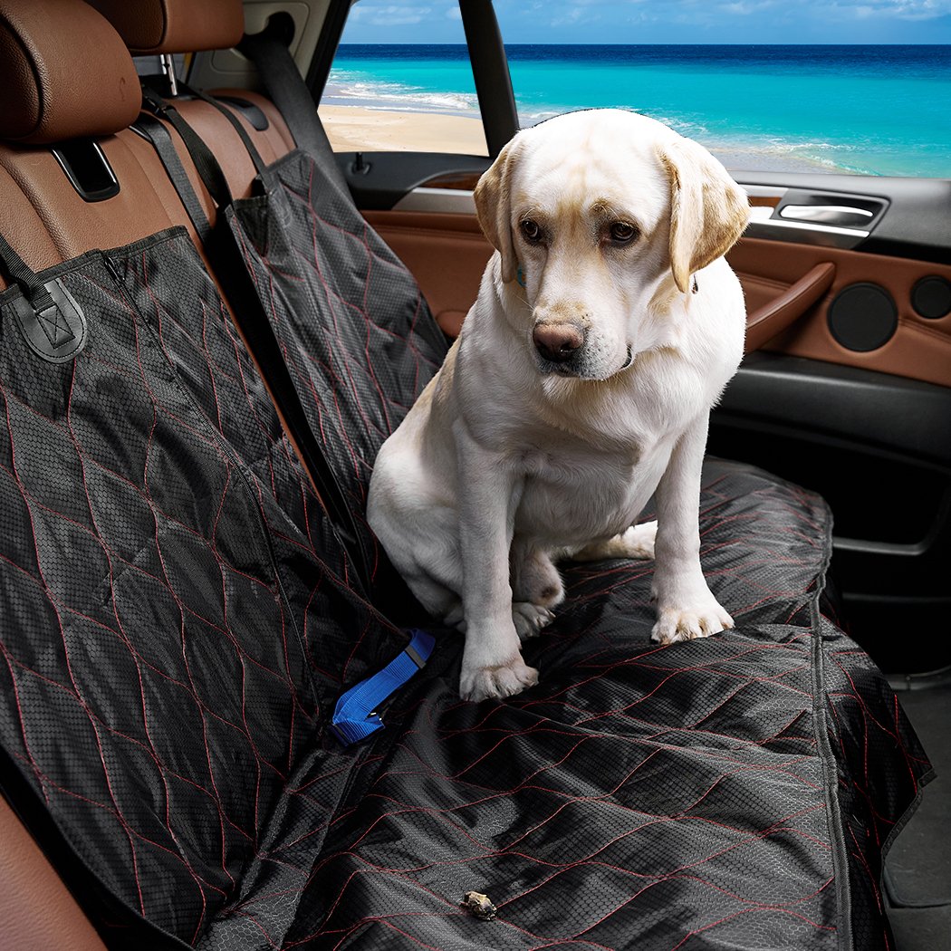 Premium waterproof pet seat cover for cars, featuring a zippered middle panel and anti-slip design, suitable for dogs and cats.