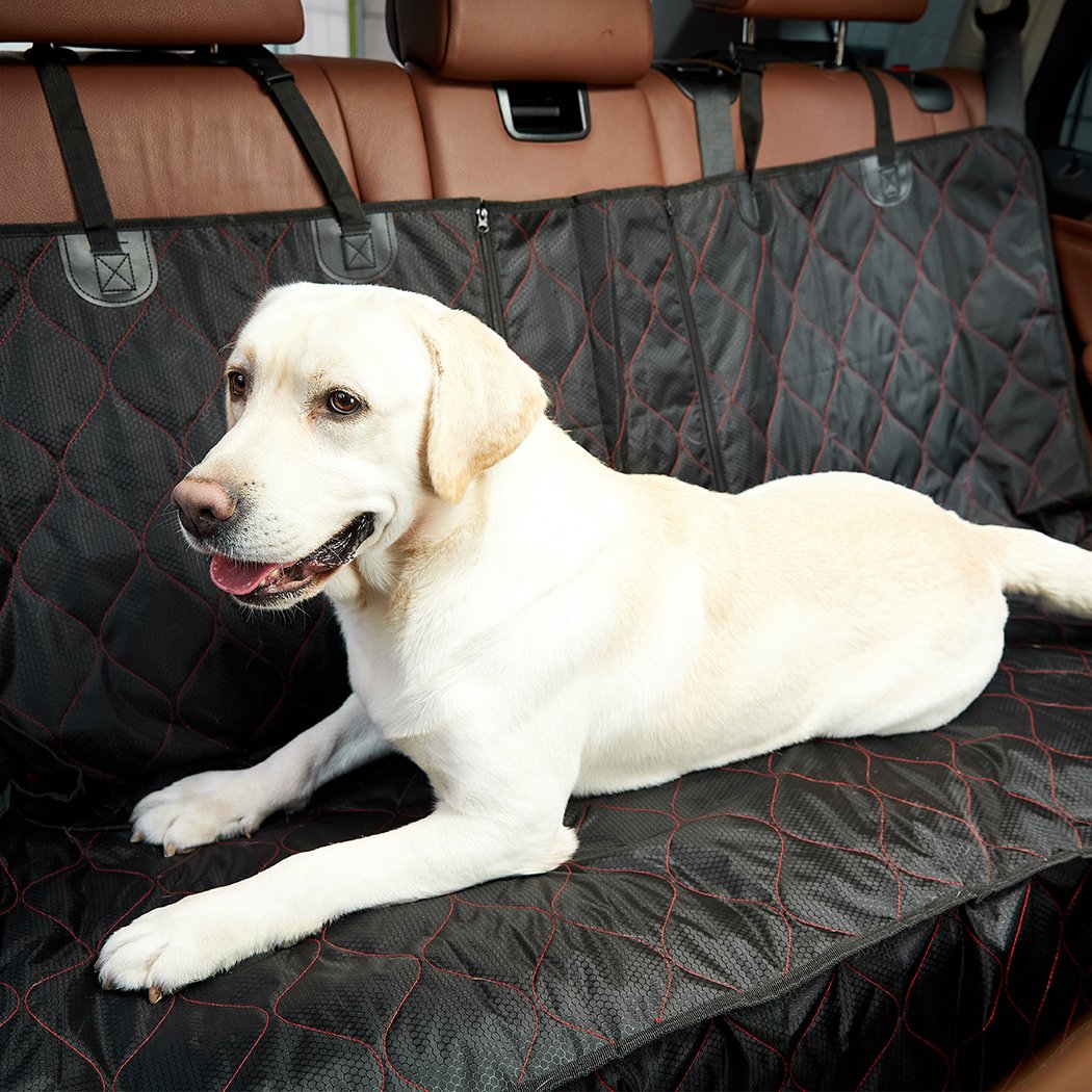 Premium waterproof pet seat cover for cars, featuring a zippered middle panel and anti-slip design, suitable for dogs and cats.