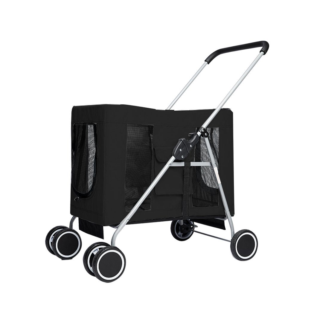 Pet Stroller designed for dogs and cats, featuring a sturdy steel frame, breathable canopy, and comfortable padded seat, ideal for outdoor travel.