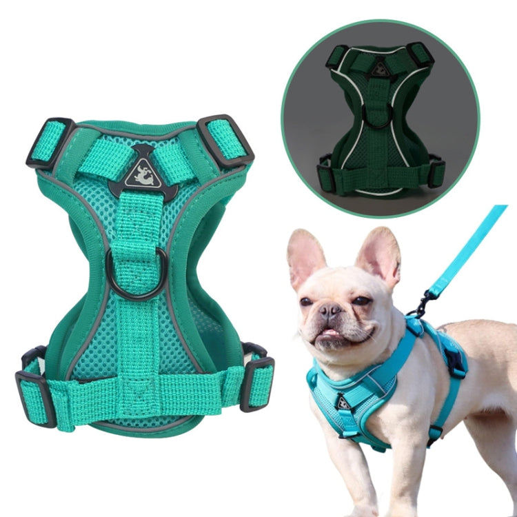 Reflective Pet Vest Harness with Traction Rope Set for Dogs and Cats, featuring breathable mesh fabric and adjustable straps for comfort and safety.