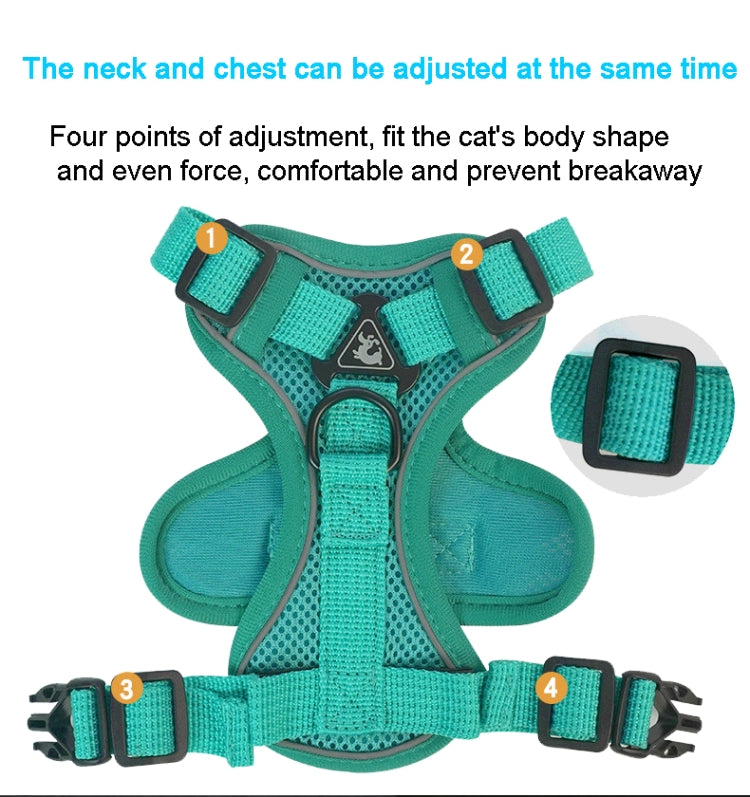 Reflective Pet Vest Harness with Traction Rope Set for Dogs and Cats, featuring breathable mesh fabric and adjustable straps for comfort and safety.
