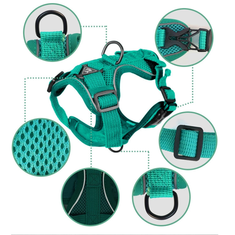 Reflective Pet Vest Harness with Traction Rope Set for Dogs and Cats, featuring breathable mesh fabric and adjustable straps for comfort and safety.