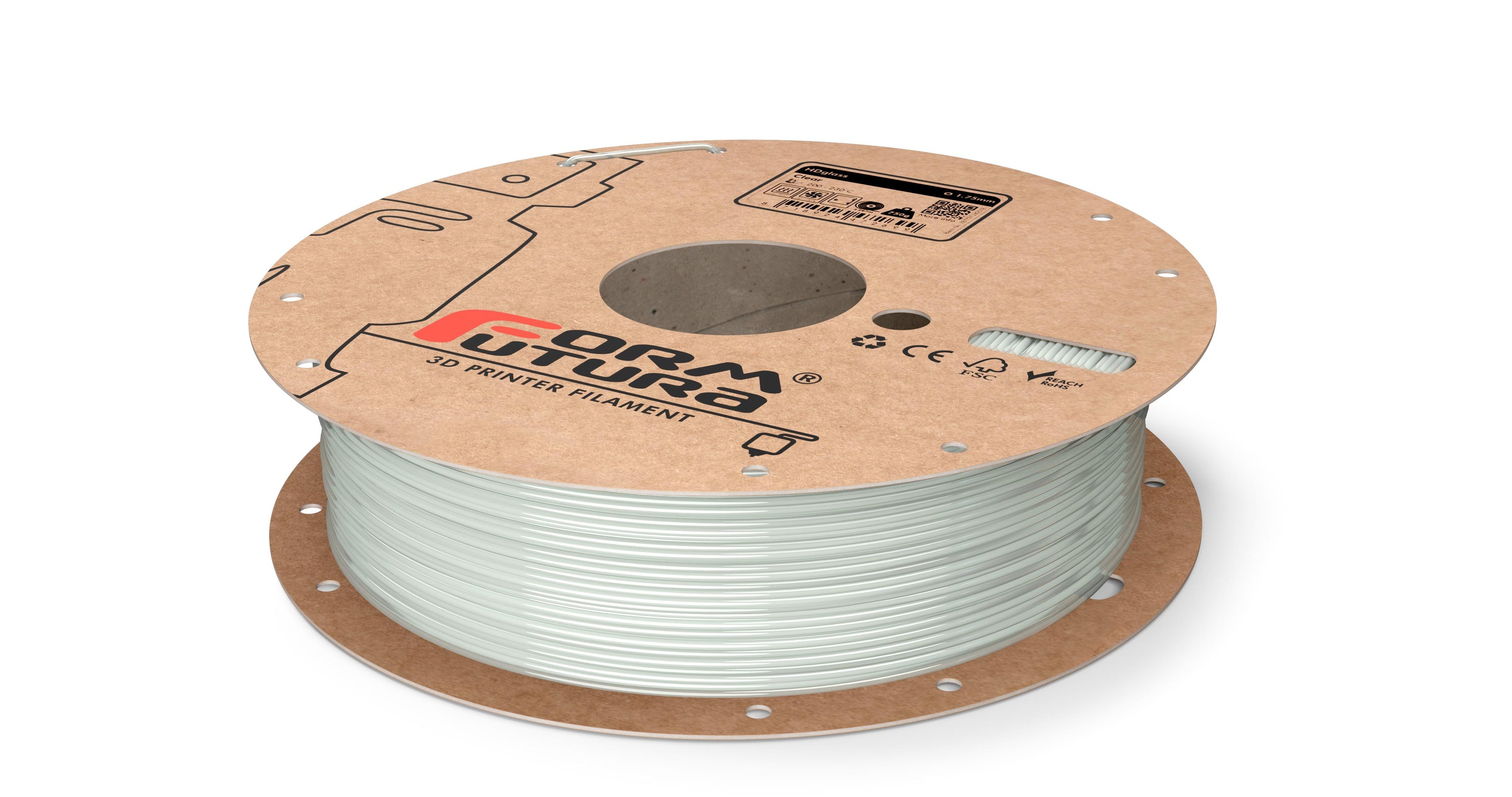 FormFortura HDGlass PETG filament in a clear spool, showcasing its high transparency and glossy finish, ideal for 3D printing.