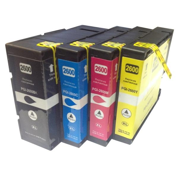 Set of four PGI-2600XL premium pigment inkjet cartridges in black, cyan, magenta, and yellow.