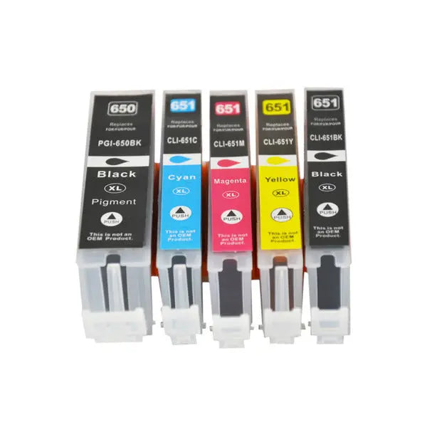 PGI-650XL CLI-651XL Compatible Inkjet Set with five cartridges including black, cyan, magenta, yellow, and photo black.