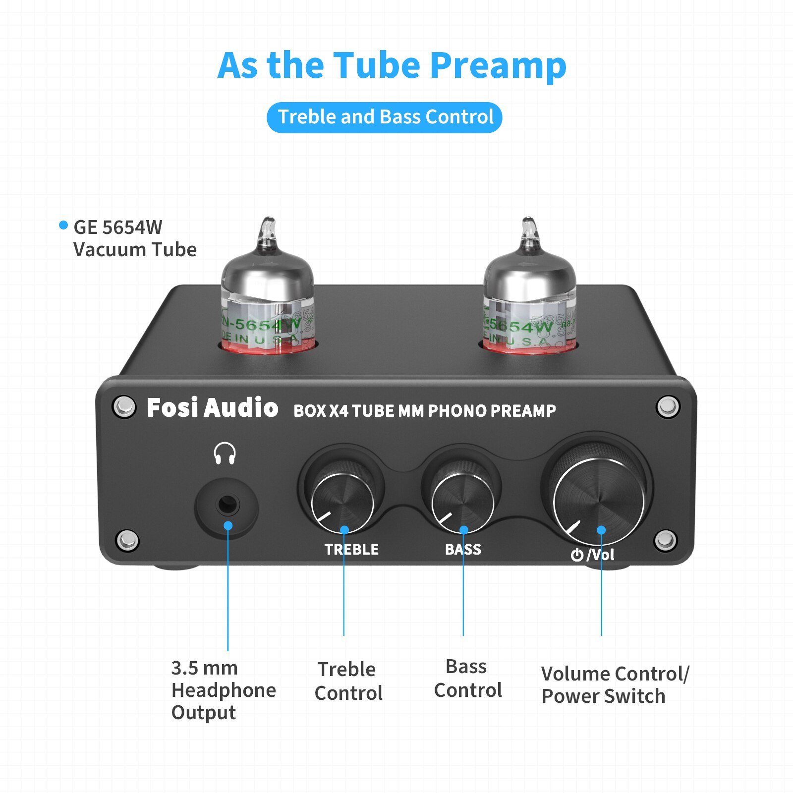 Phono preamp for turntable featuring a 5654W vacuum tube, compact design with RCA and AUX inputs.