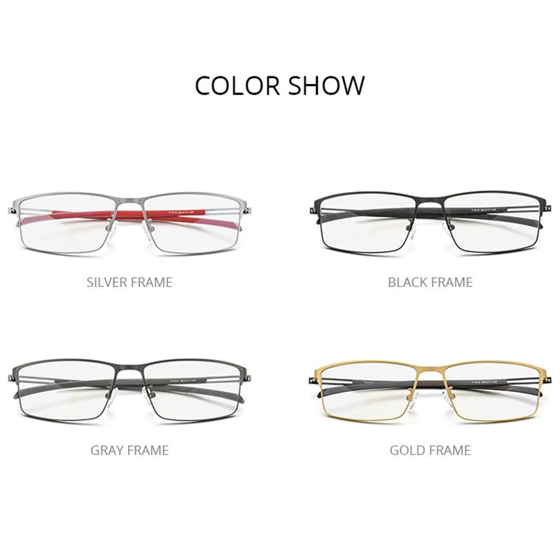 Photochromic gray glasses for men with a titanium alloy square frame, featuring anti-blue light technology and a modern screwless design.