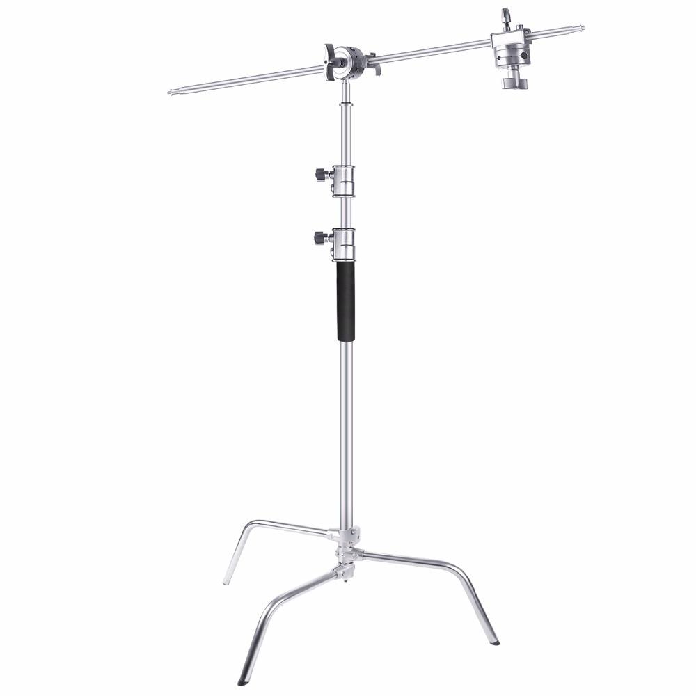 Heavy Duty Stainless Steel C-Stand with Hold Arm for photography, showcasing its sturdy design and adjustable height features.