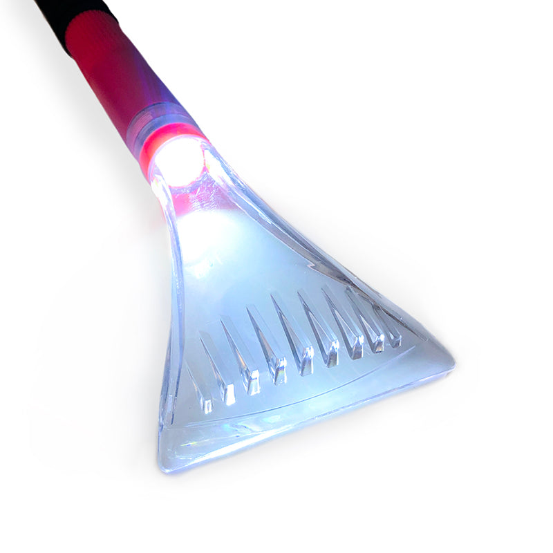 Pinnacle COB LED Long Handle Ice Scraper with flashlight feature, available in black, blue, and red, showcasing its durable design and comfortable grip.
