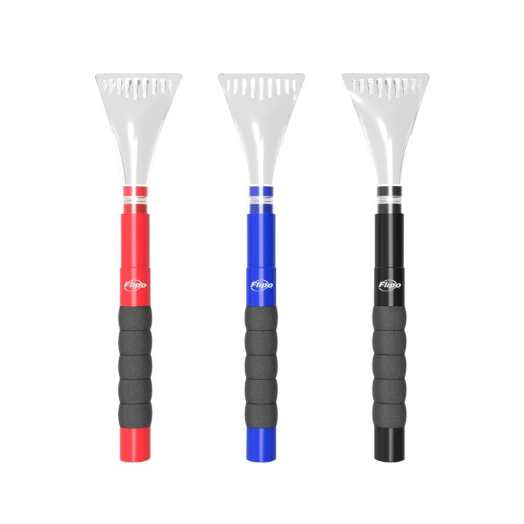 Pinnacle COB LED Long Handle Ice Scraper with flashlight feature, available in black, blue, and red, showcasing its durable design and comfortable grip.