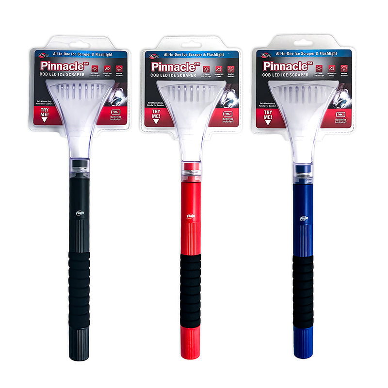 Pinnacle COB LED Long Handle Ice Scraper with flashlight feature, available in black, blue, and red, showcasing its durable design and comfortable grip.