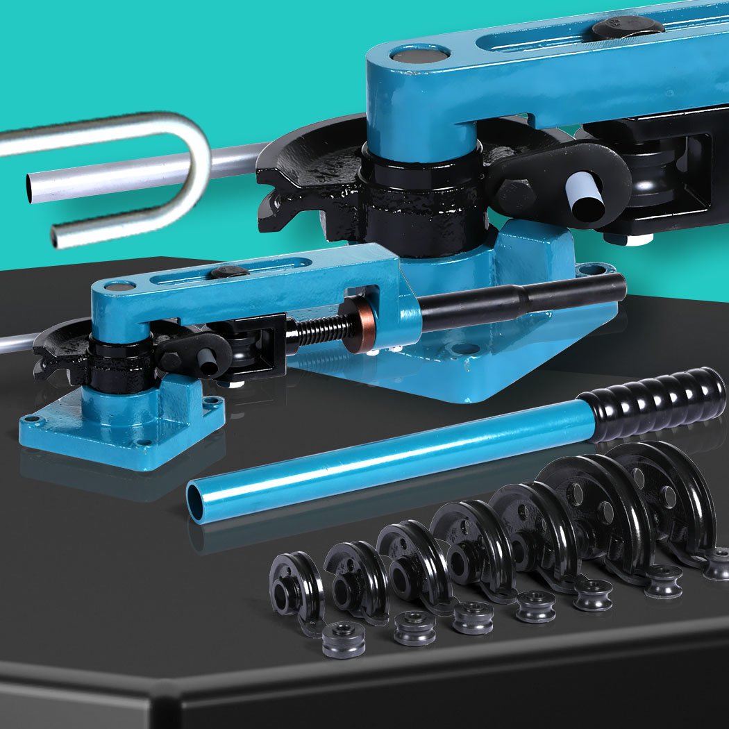 Manual Pipe Bender Set with 7 molds and rollers, showcasing ergonomic design and toughened steel construction.
