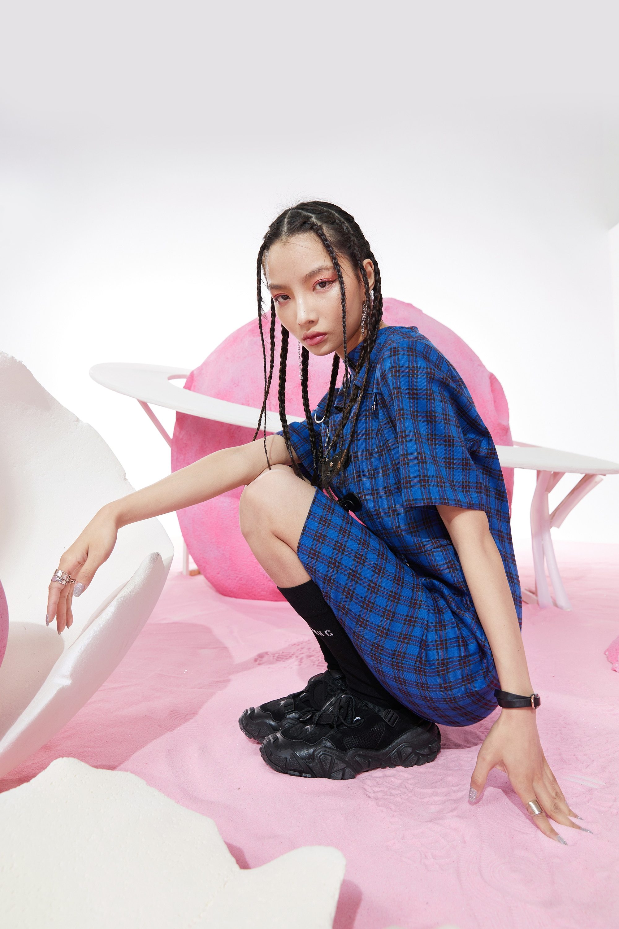 A stylish blue plaid Chinese style A-line dress for women, featuring a mandarin collar and knee-length design, perfect for spring occasions.