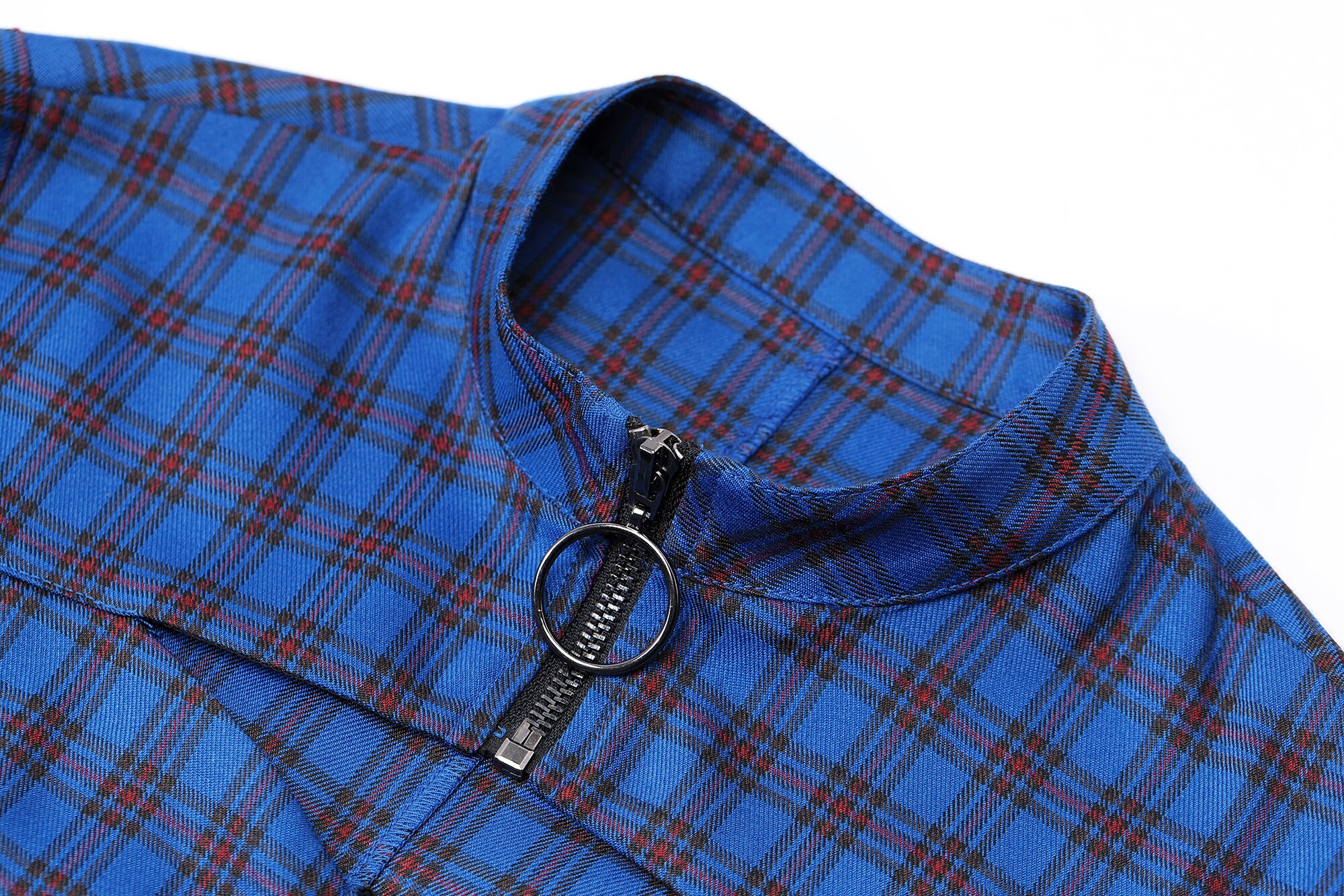 A stylish blue plaid Chinese style A-line dress for women, featuring a mandarin collar and knee-length design, perfect for spring occasions.