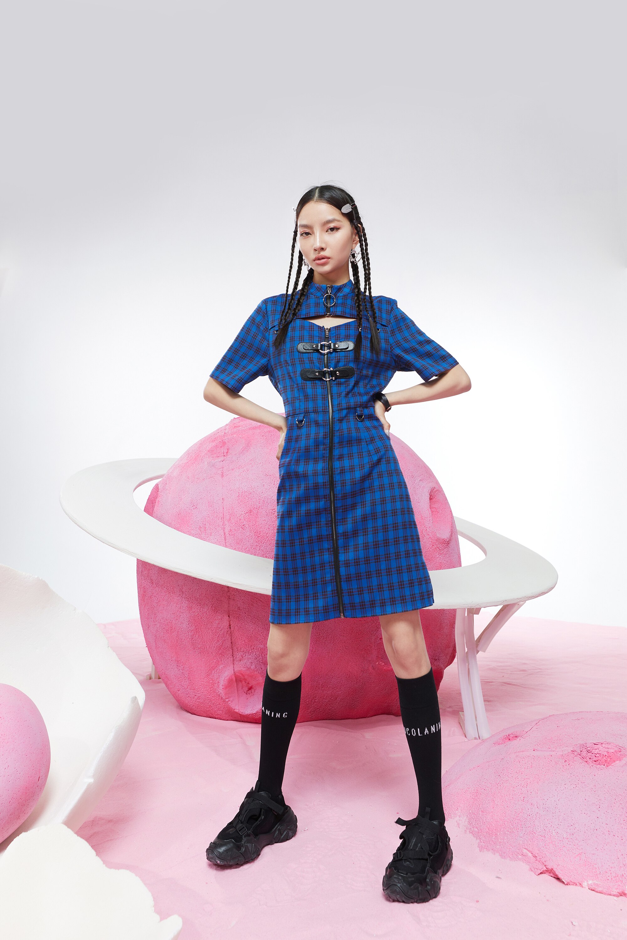 A stylish blue plaid Chinese style A-line dress for women, featuring a mandarin collar and knee-length design, perfect for spring occasions.