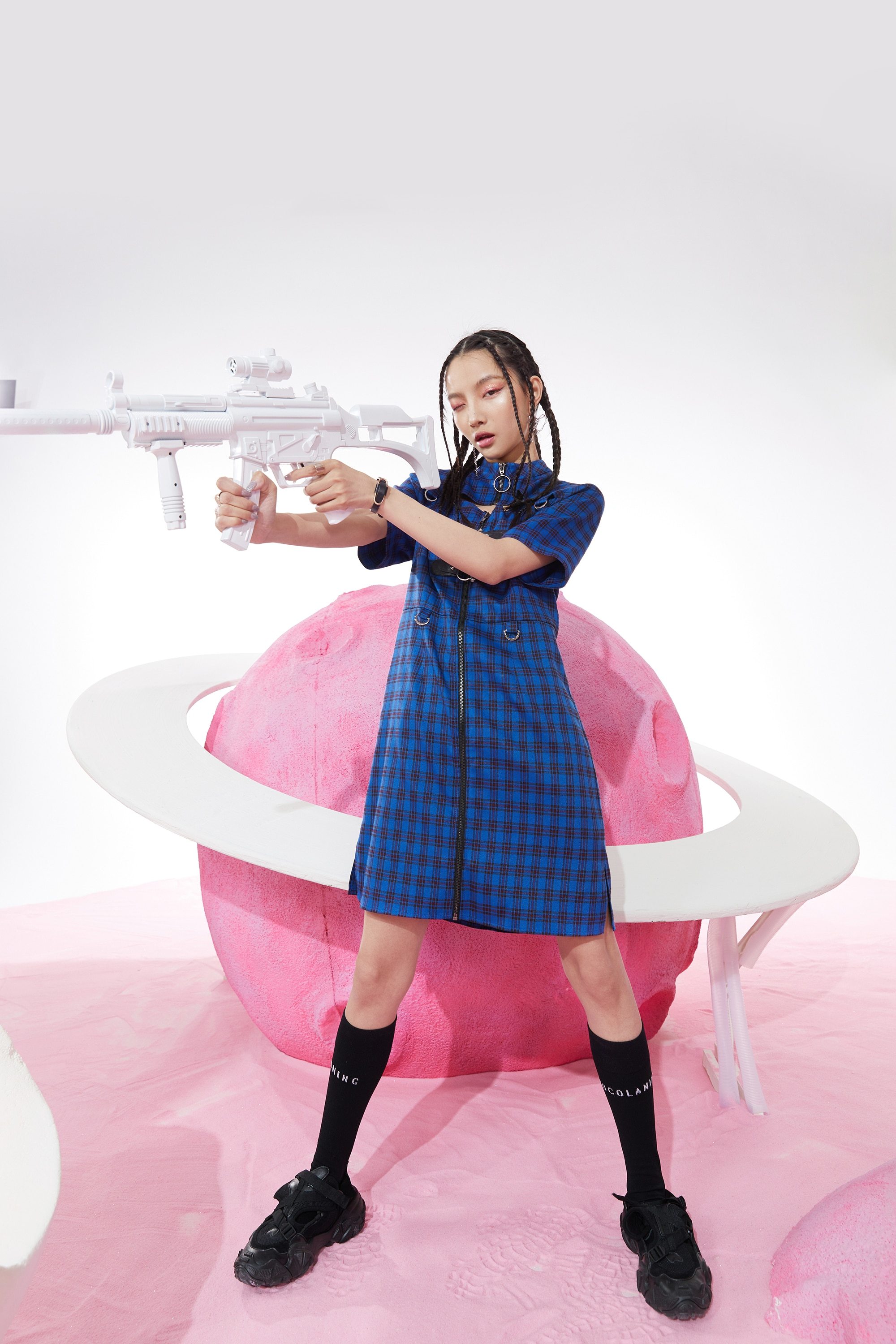 A stylish blue plaid Chinese style A-line dress for women, featuring a mandarin collar and knee-length design, perfect for spring occasions.