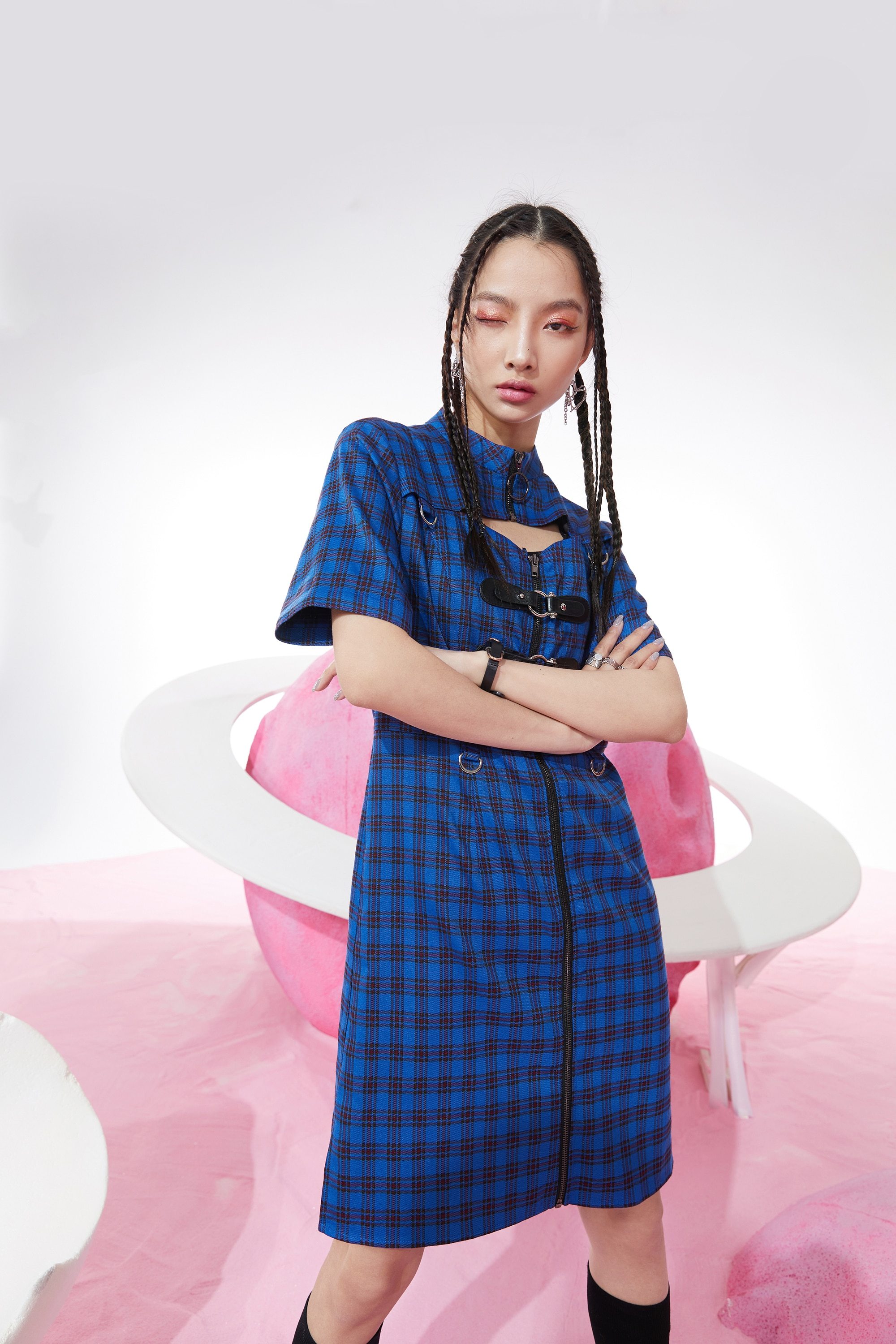 A stylish blue plaid Chinese style A-line dress for women, featuring a mandarin collar and knee-length design, perfect for spring occasions.