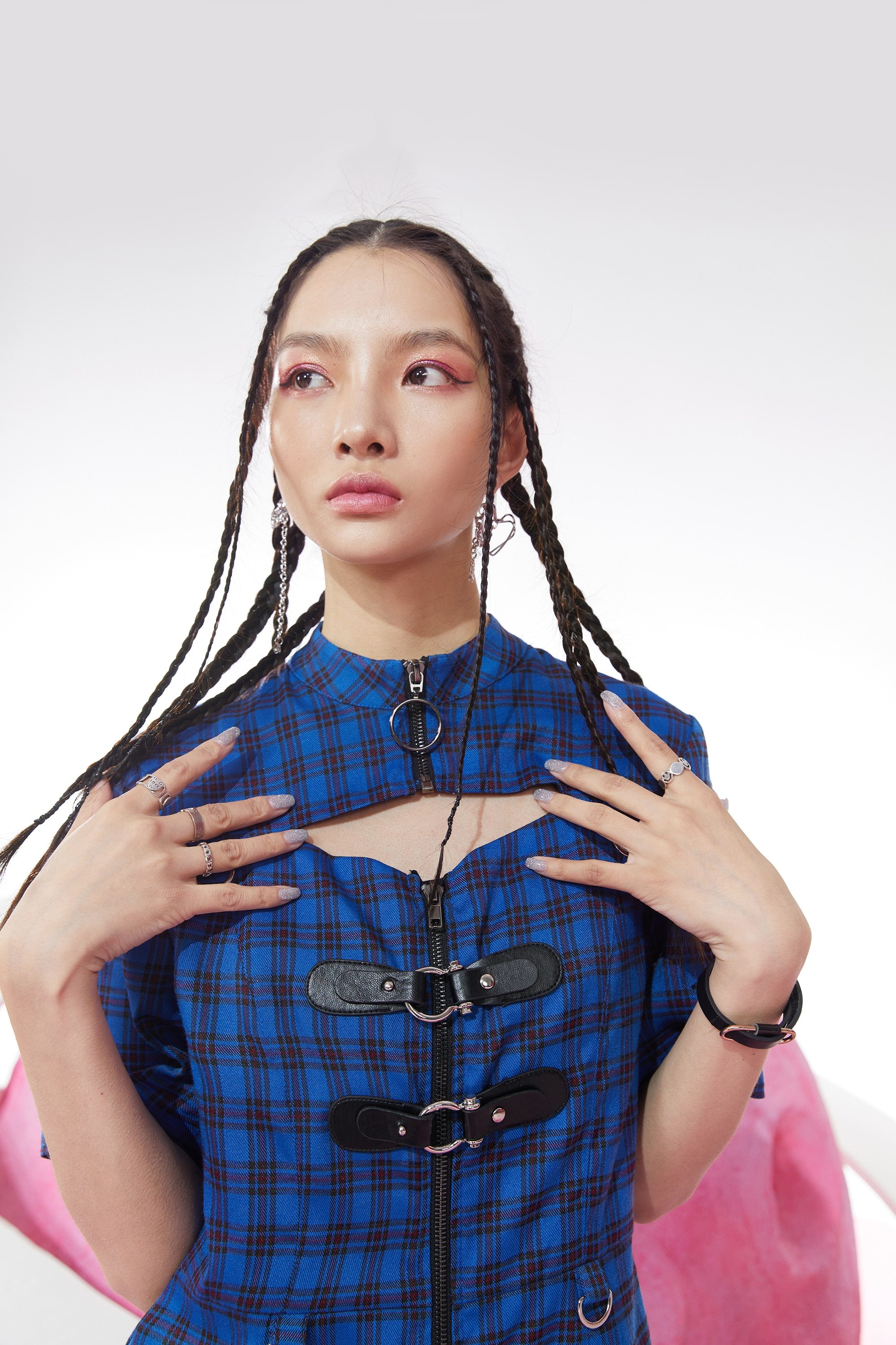 A stylish blue plaid Chinese style A-line dress for women, featuring a mandarin collar and knee-length design, perfect for spring occasions.