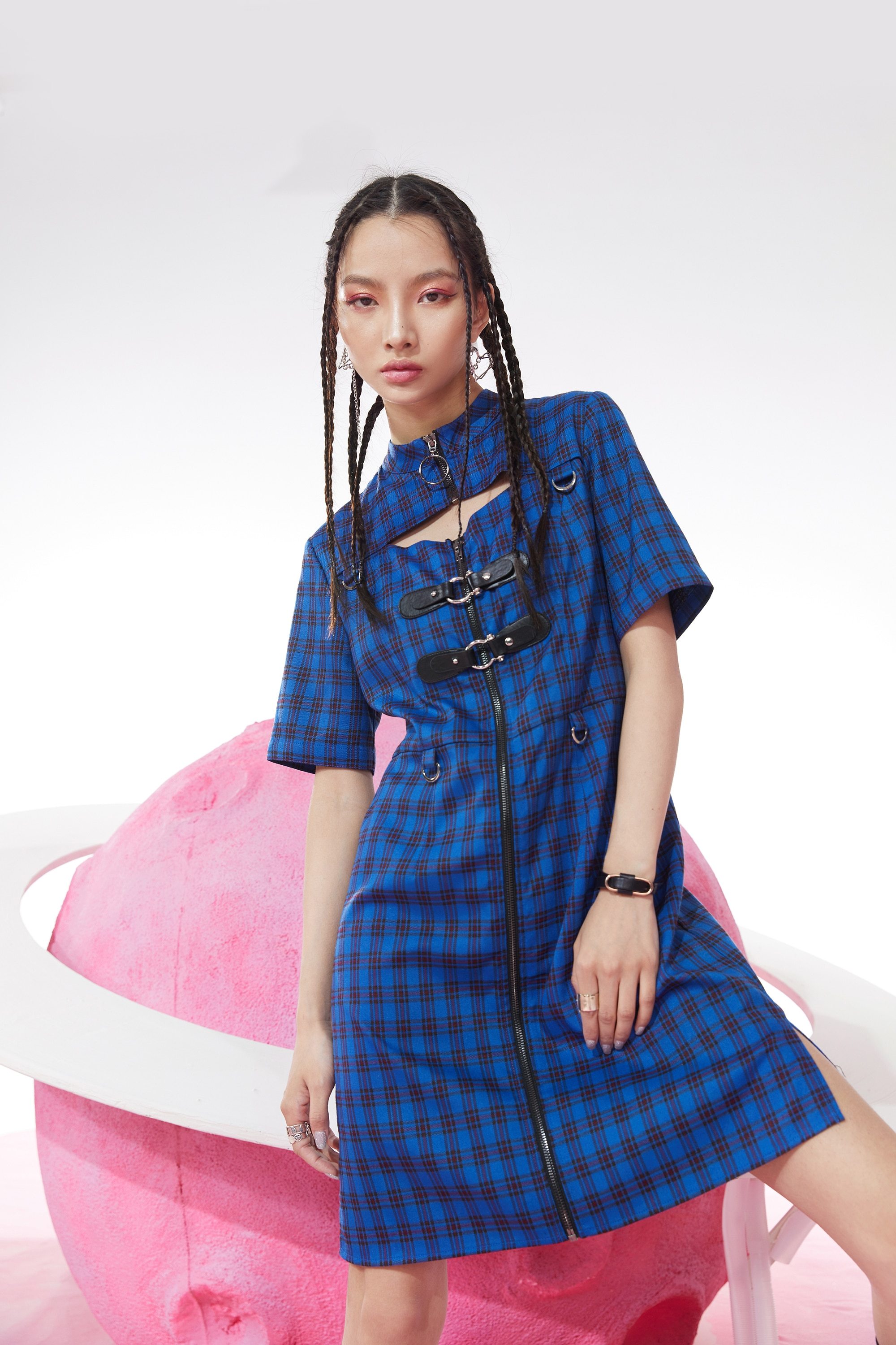 A stylish blue plaid Chinese style A-line dress for women, featuring a mandarin collar and knee-length design, perfect for spring occasions.