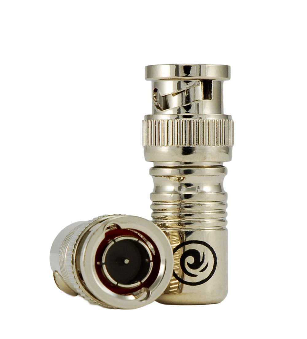 Pack of 10 Planet Waves Nickel-Plated Male BNC Connectors with chrome finish, designed for HD coaxial cable.