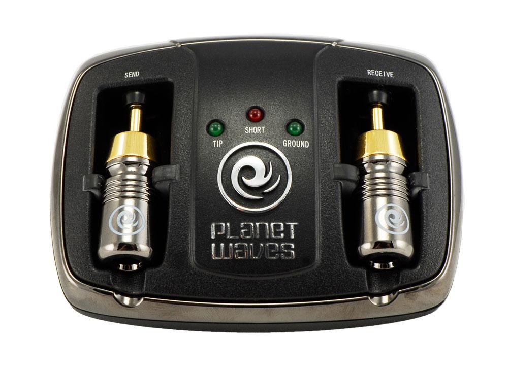 Planet Waves Universal Cable Tester showcasing BNC, F-Type, and RCA connectors with a belt clip and strong magnets.